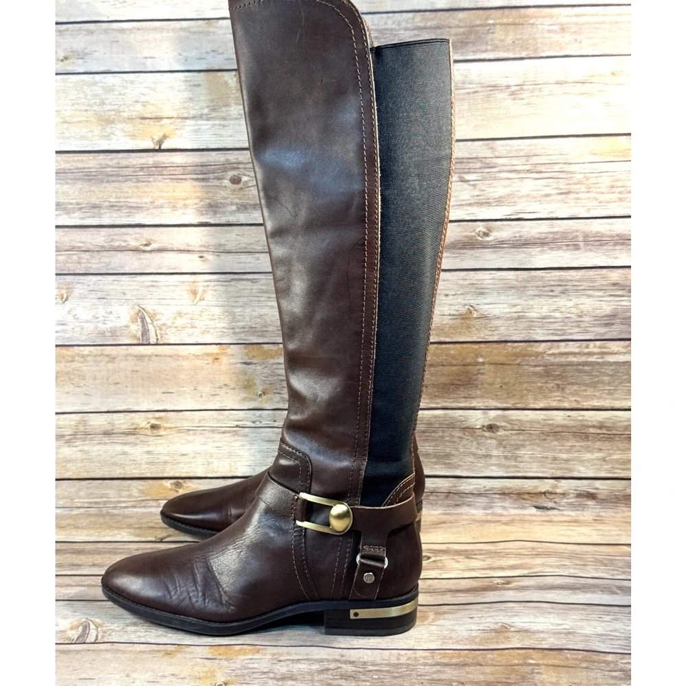 Vince Camuto Womens Brown Leather Pearly Equestriani Riding Boots 9M